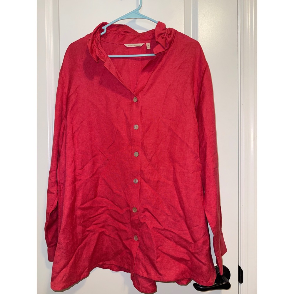 Soft Surroundings‎ Button Down Women 1X Red Excellent Linen Blend Ruffle Coastal